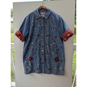 Country Wear Casuals Shirt Top M Denim Blue Embroidery & Patch Trim Granny Core